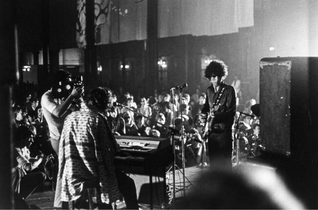 Singer and guitarist Syd Barrett of Pink Floyd performing on stage at Alexandra Palace in 1967l